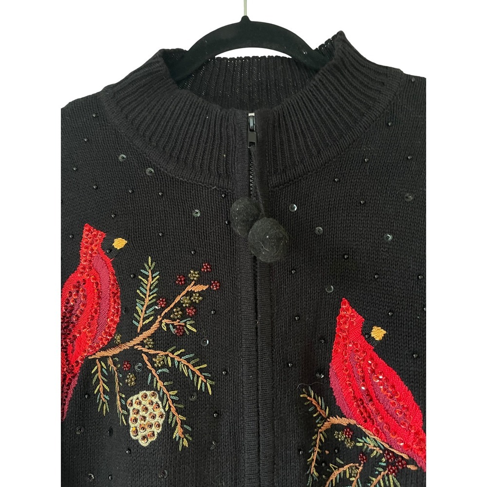 Quacker Factory Womens Cardigan 1X Black Cardinal Bird Embellished Full Zip - Picture 3 of 5